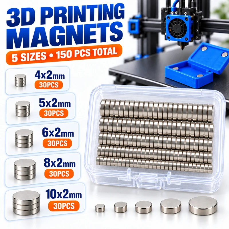 150 Stück 3D-Druck-Magnete-Set 4x2 5x2 6x2 8x2 10x2mm Neodym-Rundmagnete für 3D-Modelle, Miniaturen, DIY-Bastelprojekte – Detail 1