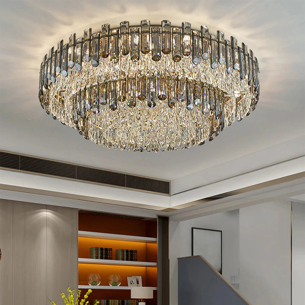 Grey Crystal Ceiling Chandelier Luxury Modern Home Decor Round Lighting Fixture Designer Lustre for Living Room Bedroom Light