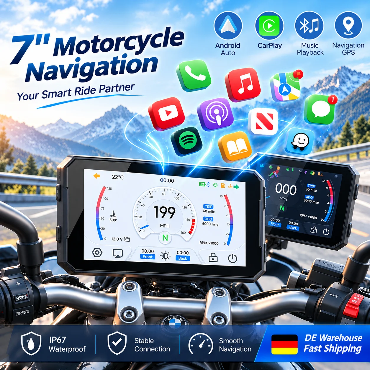 IYING 7 Zoll Motorrad CarPlay & Android Auto Navigation für BMW GS & XR Serie (R1200GS/R1250GS/R1300GS/S1000XR/F750GS)