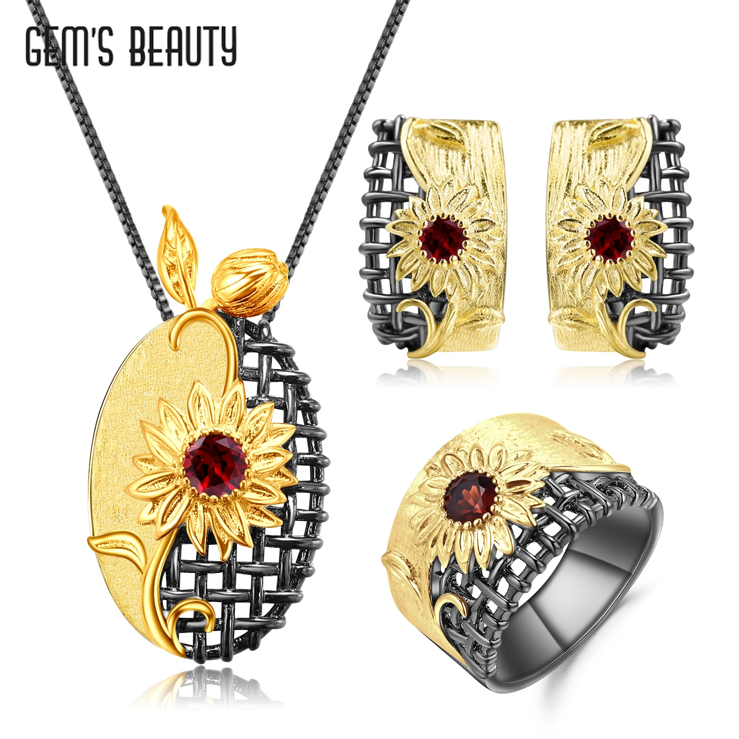 GEM'S BEAUTY Original Oil Painting Sunflower Jewelry Sets Natural Garnet 925 Sterling Silver Necklace Earrings Ring Fine Jewelry