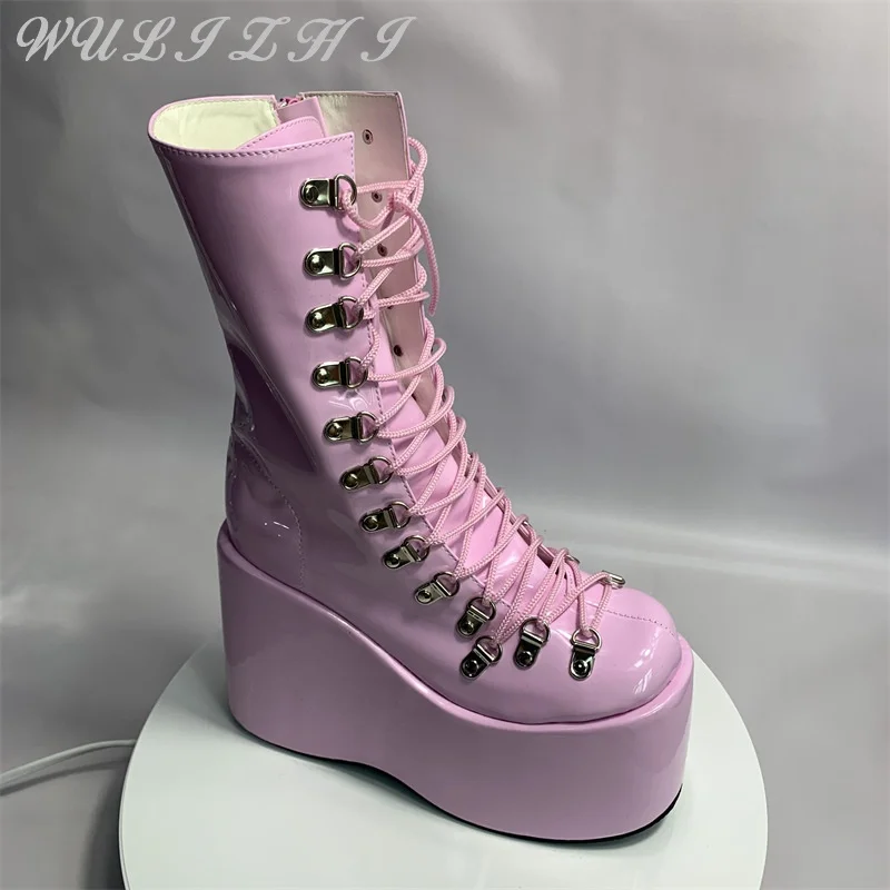 Pink Casual Wedge-Heeled Platform Women Boots Low Top Platform Shoes Solid Color Round Toe Fashion High Heeled Elastic Boots