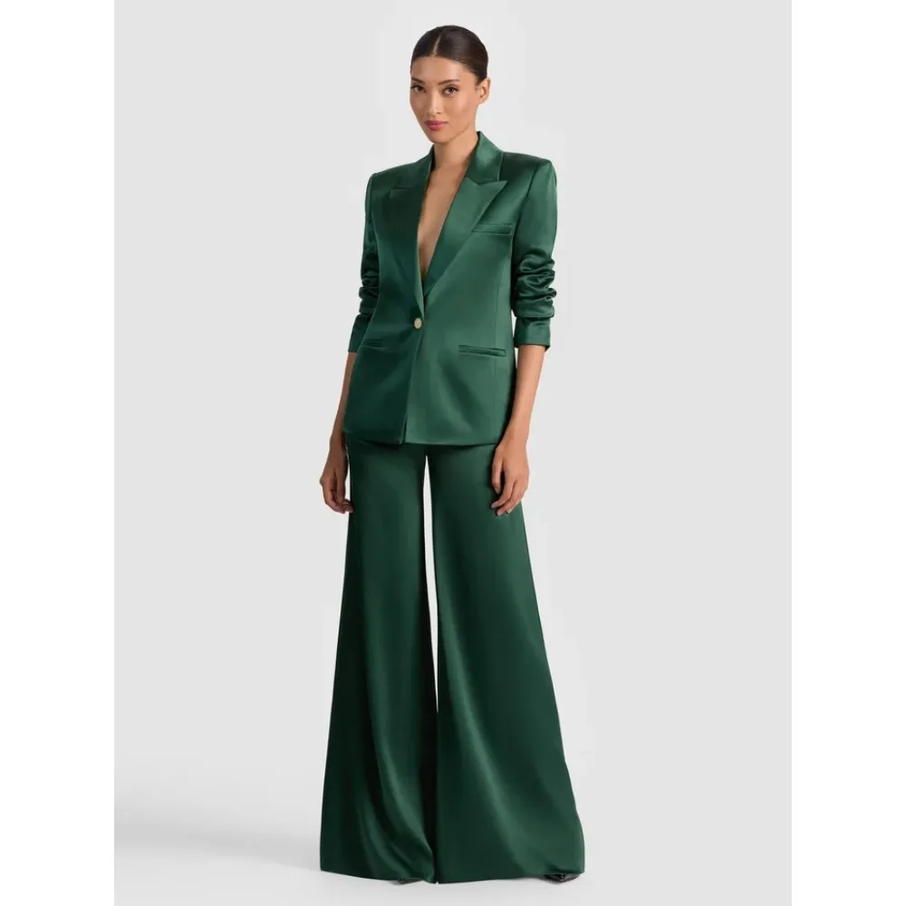 Terno feminino de cetim verde esmeralda – conjunto de blazer e calças com botão único para negócios e eventos formais