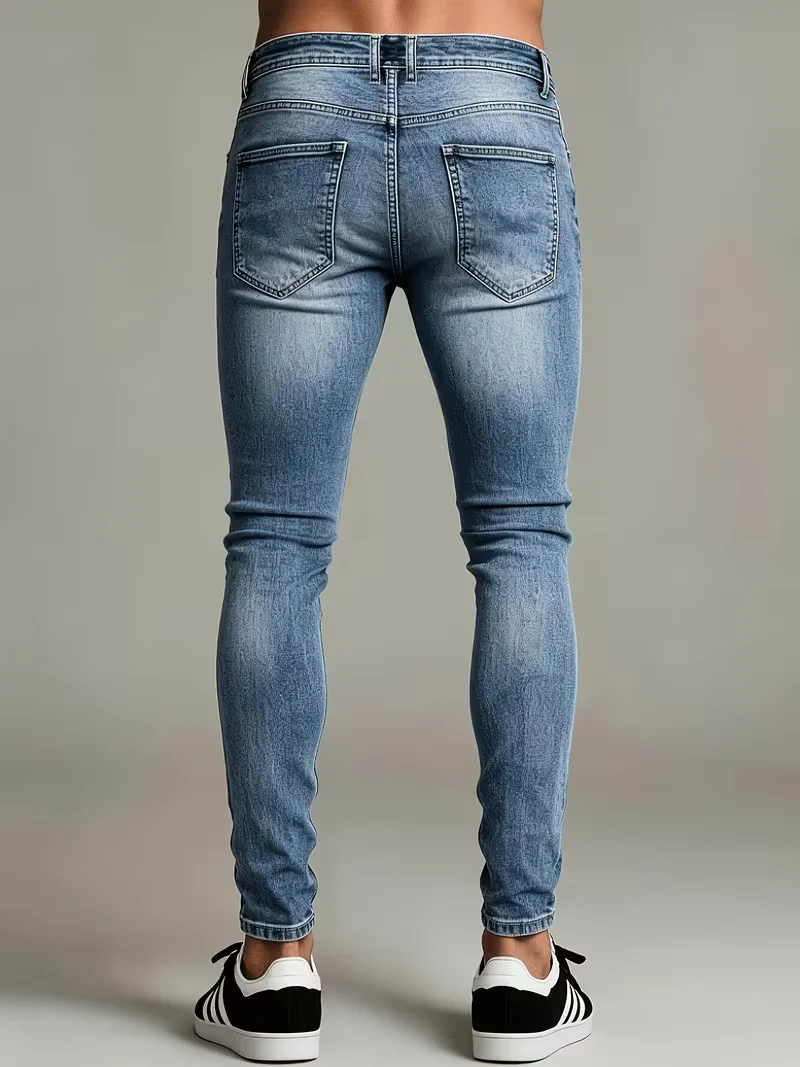 Men's Slim Fit Ripped Jeans, Casual Style, High Elasticity, Versatile Light Blue, Suitable for All Seasons