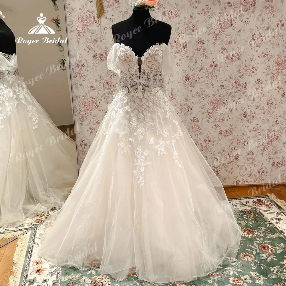 

Roycebridal Princess Sweetheart трапециевидные свадебные платья с открытыми плечами и шлейфом, кружевные аппликации, платья для женщин, по индивидуальному заказу