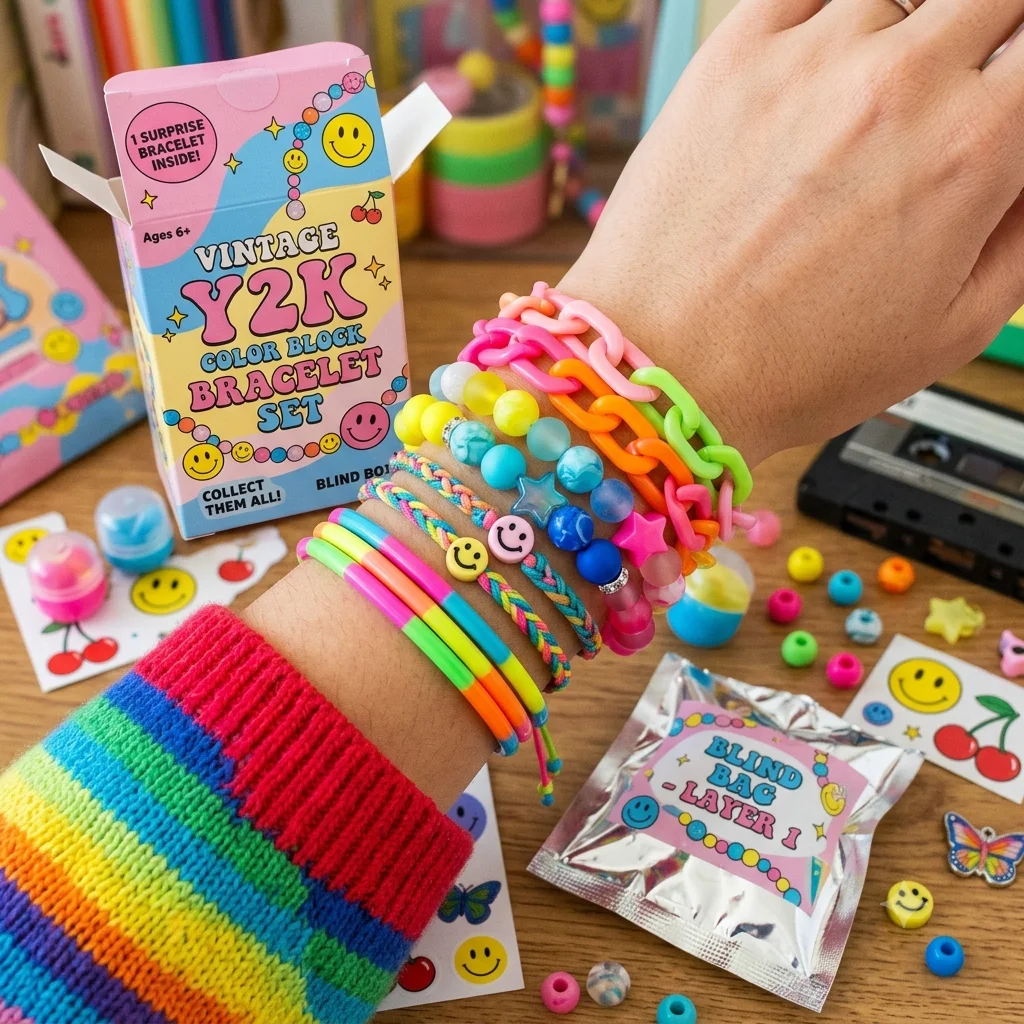 Vintage Y2K Color Block Bracelet Blind Box Trend Layering Wrist Accessory Surprise Set