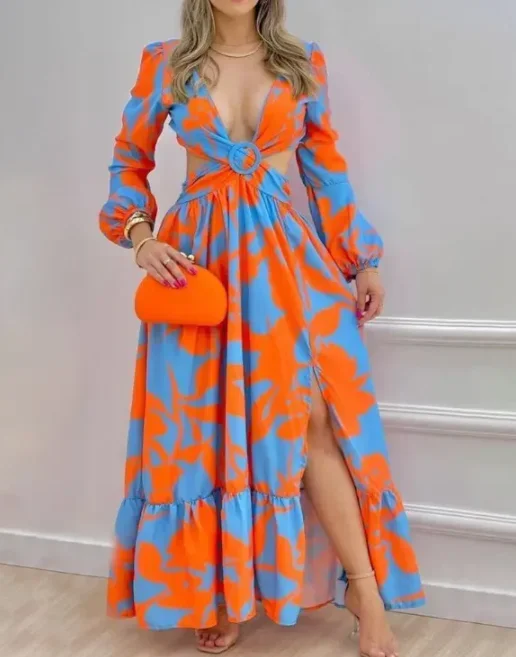 2022 Wiosna Kobiety Długi rękaw Wycięcie V-Neck Twist Lato Elegancki krawat Barwiony kwiatowy nadruk Latarnia Rękaw Split Thigh Maxi Dress — zdjęcie 2