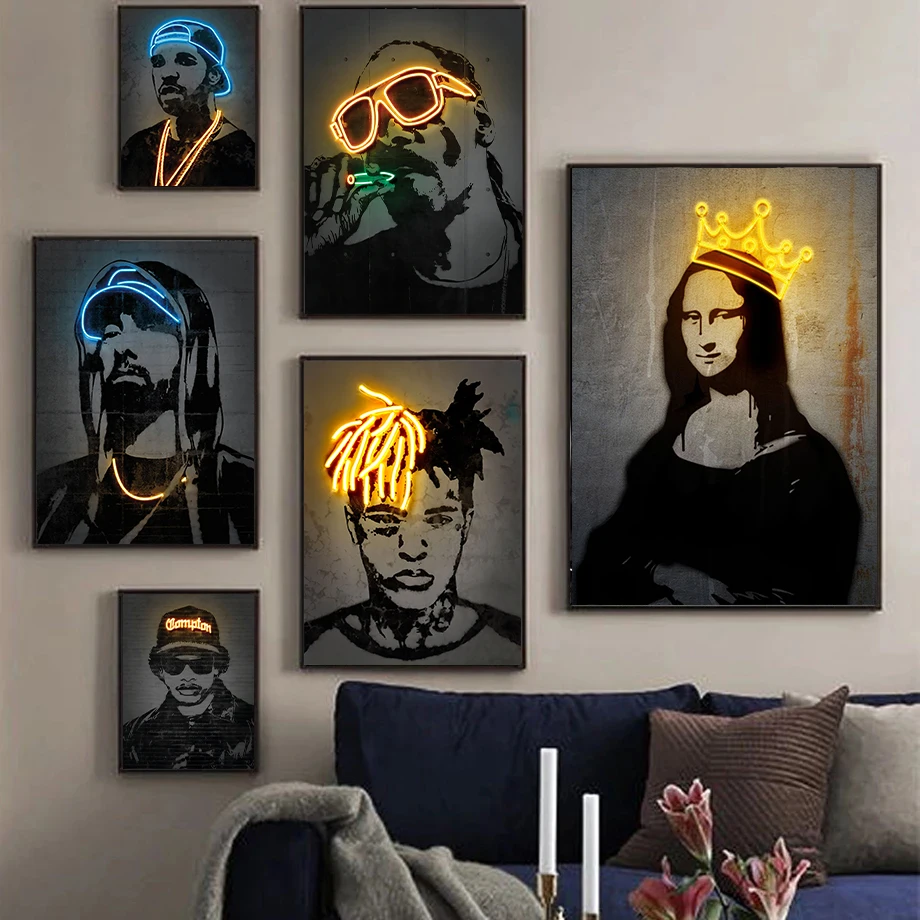 Abstract Neon Effect Hip Pop Rapper Singer Star Posters Canvas Painting 2Pac Mona Lisa Wall Art Pictures Home Bar Decoration