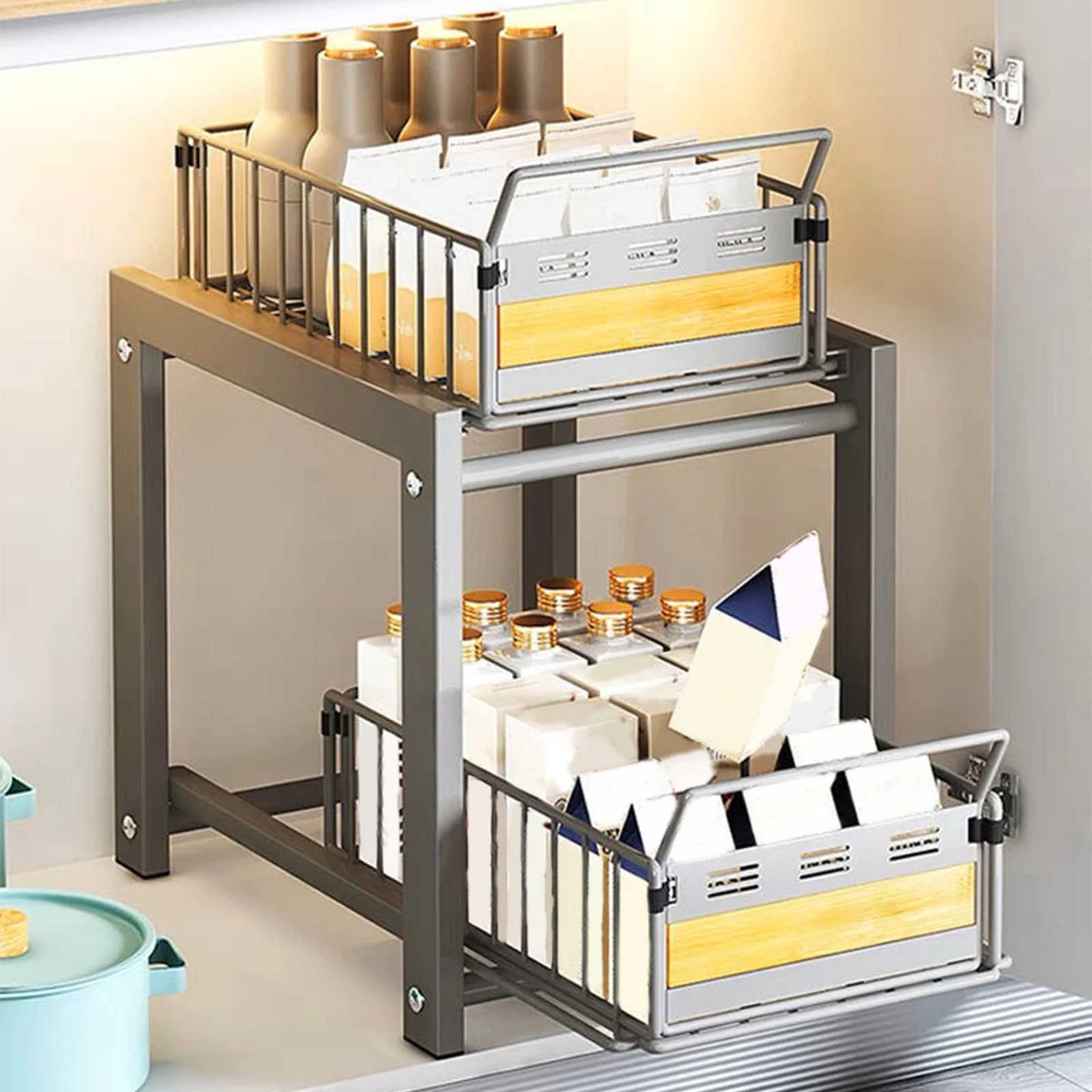 Organisateur de cuisine à 2 niveaux coulissant pour armoire, rangement sous évier pour comptoir, idéal pour épices, collations et articles ménagers