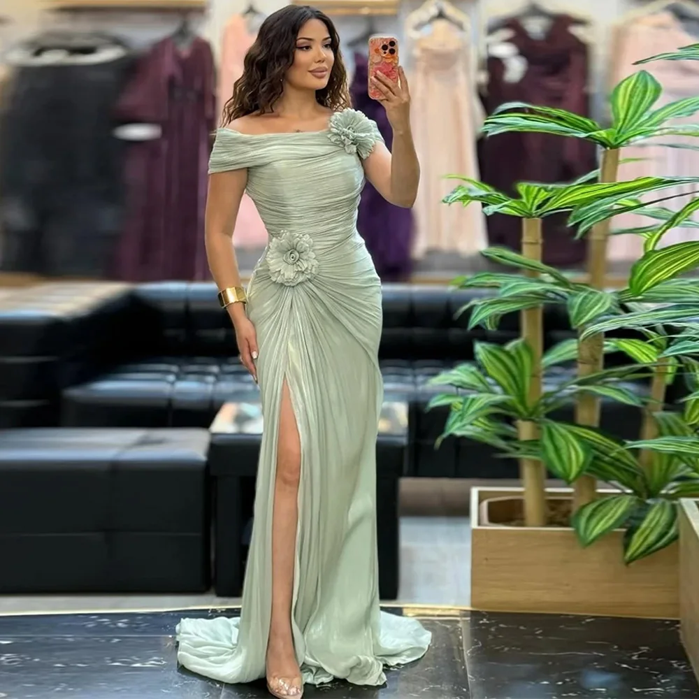 

Fashion Off the Shoulder Short Sleeves Evening Dress Customized Mermaid High Quality Celebrity Gowns Sweep Train Party Dress