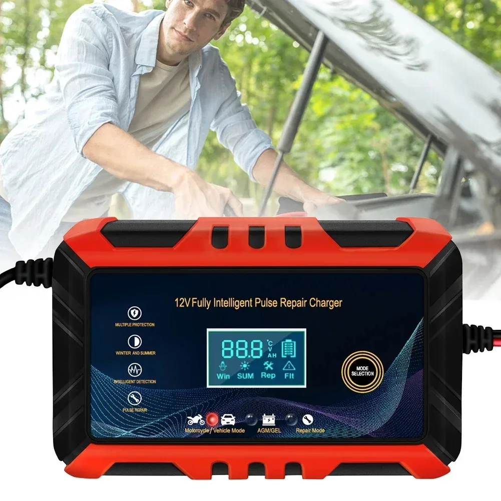 Rotes 12V 6A Autobatterie-Ladegerät, Impulsreparatur, LCD-Bildschirm, automatisches intelligentes Batterieladegerät, GEL-Ladegerät für Blei-Säure-Batterien für Autos und Motorräder