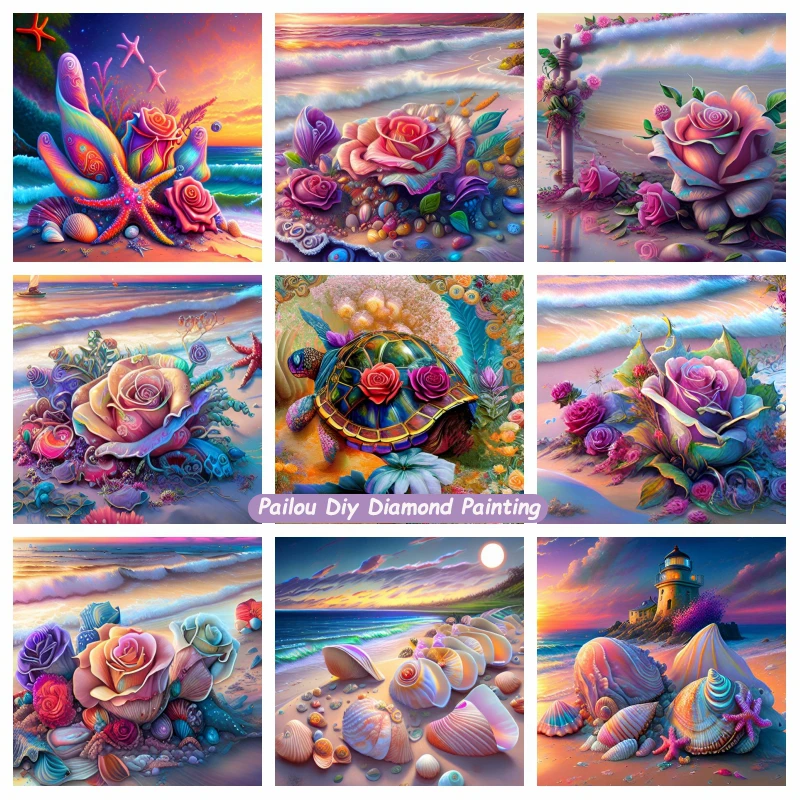 

Colorful Rose Flower With Shell Starfish Beach Landscape 5d Full Diamond Painting Art Sea Turtle Ocean Animal Cross Stitch Decor