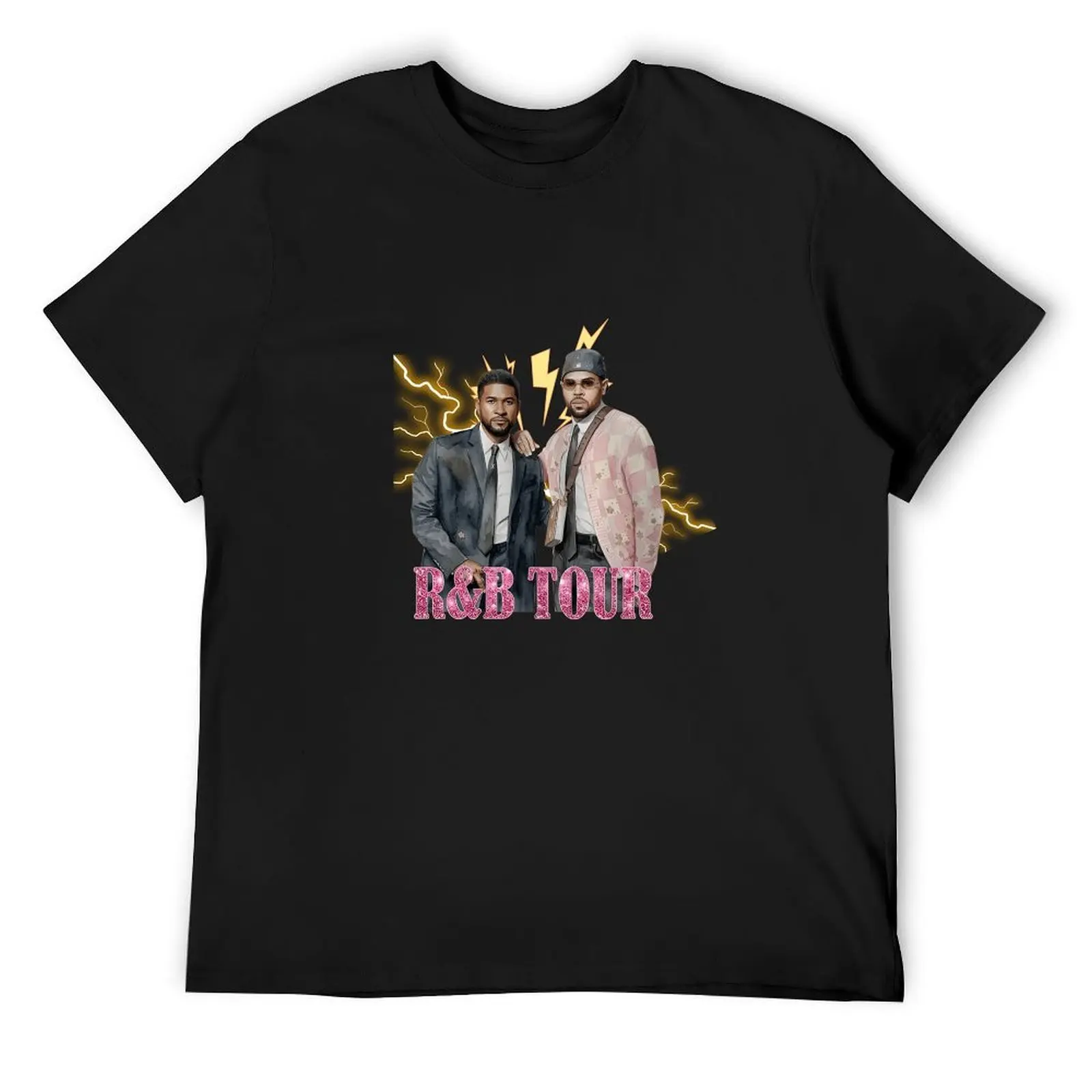 Retro Lightning Background Chris Brown Usher Portrait T Shirt Pink Glitter R&B Tour Print Streetwear Black Fan Tshirt