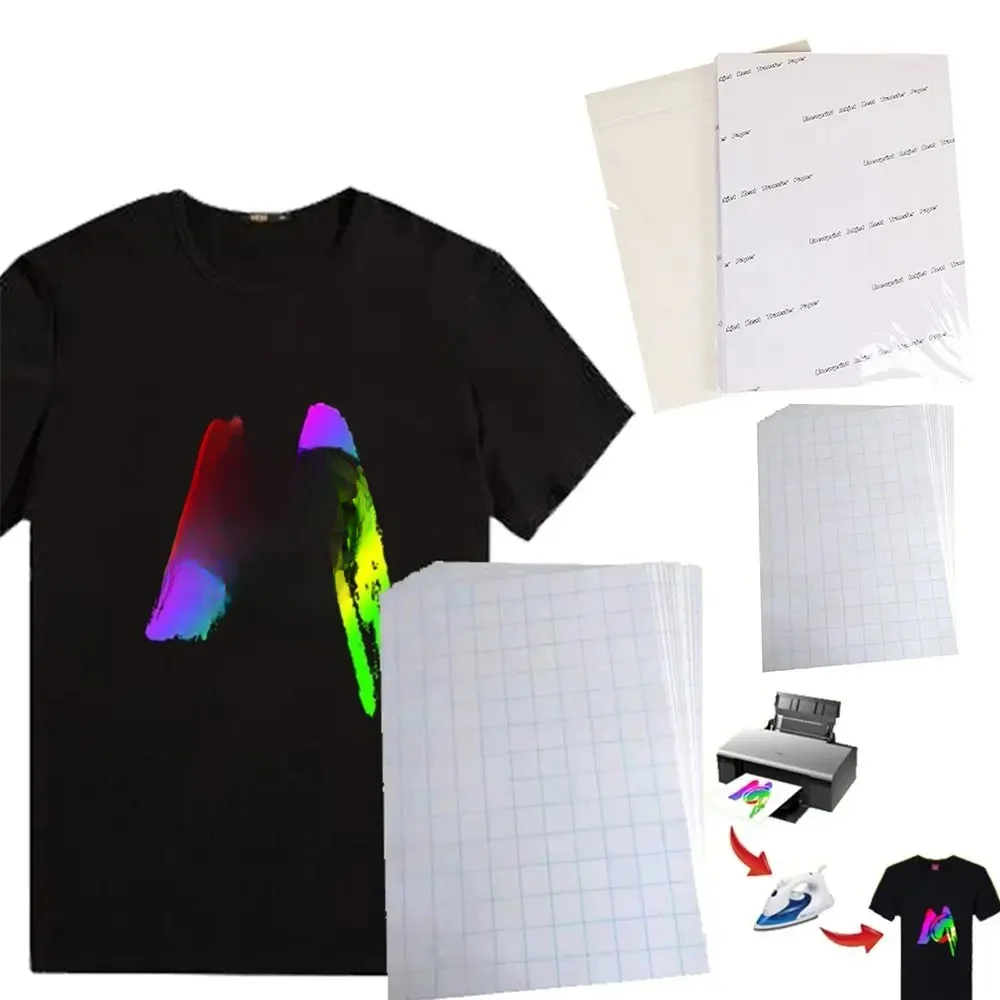 Papier d'impression par sublimation à jet d'encre, papier de transfert thermique, papier d'impression par presse à chaud, fer à repasser bricolage, grill en coton foncé clair A4, 5 pièces