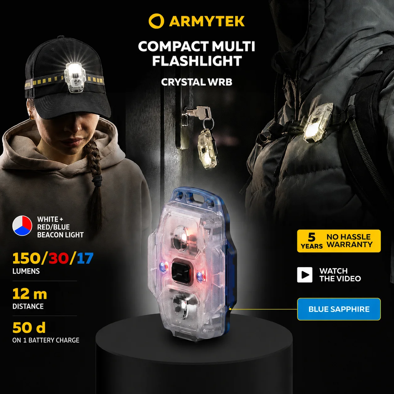 Armytek Crystal WRB USB-C Blue (White Light & Red-Blue Beacon) 150 Lm, 30/17 Lm LED Keychain Flashlight