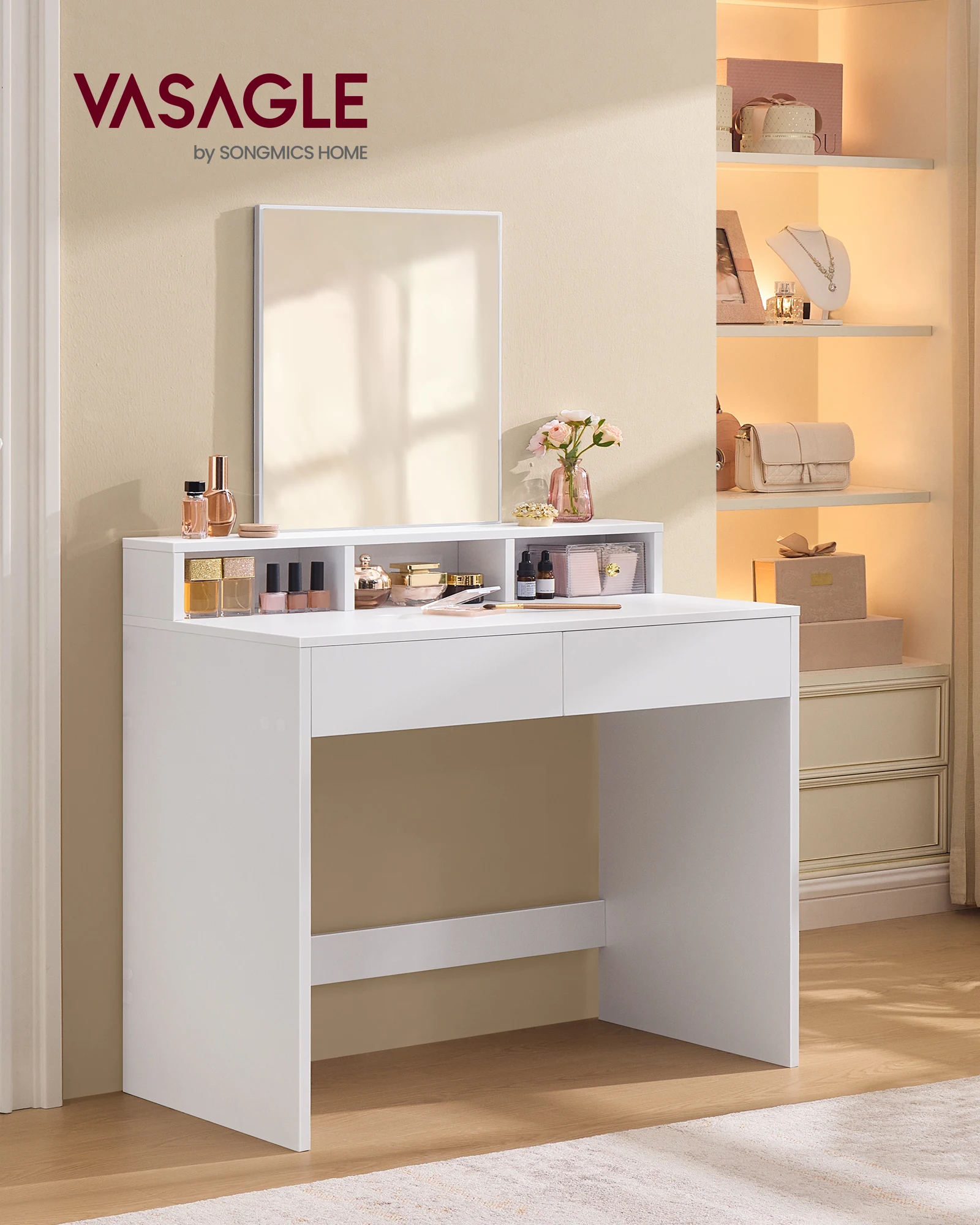 VASAGLE Tocador, Mesa de Maquillaje con Espejo Grande, Gabinete con 2 Cajones y 3 Compartimentos, Estilo Moderno, Blanco