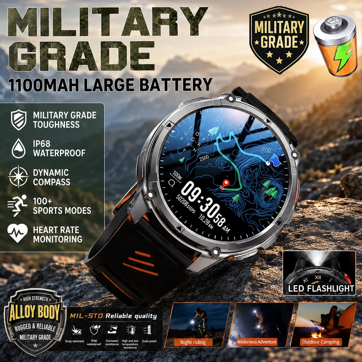 Nuevo Reloj Inteligente Militar para Hombre con Batería Grande de 1100mAh, Pantalla HD de 1.7 Pulgadas, Resistente al Agua IP68, Llamadas