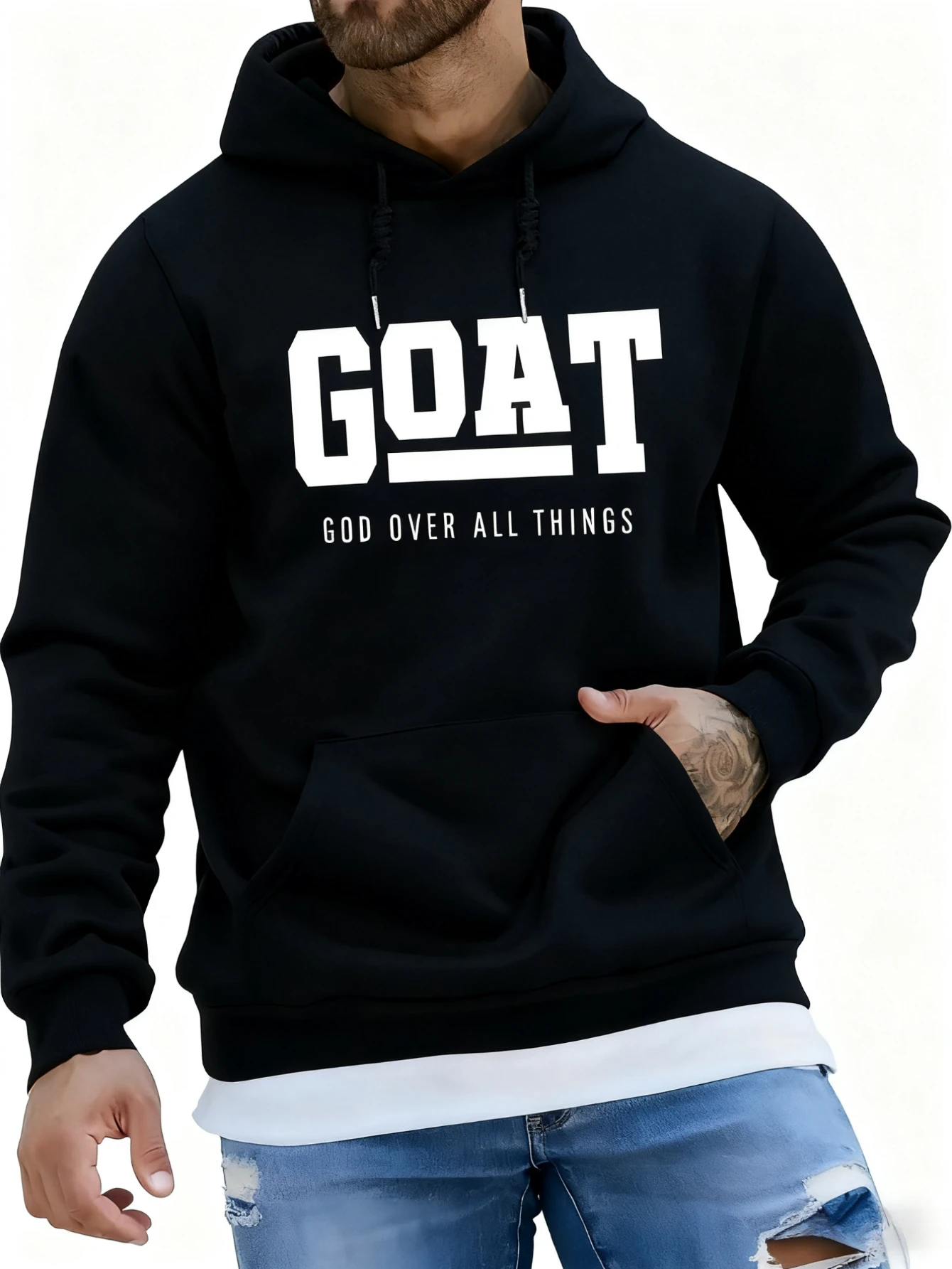 

Men'S Hooded Sweatshirt with GOAT God Above All Things Letter Print Streetwear Pullover Drawstring Hood Fit Casual Hoodie