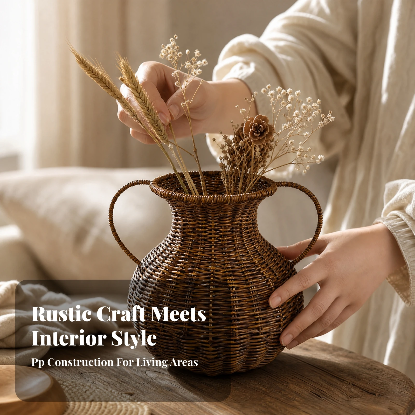 Bulbous Decorative Vase with Handles Handwoven Wicker-Style Flower Vase Narrow Neck for Indoor Home Decor Tabletop Display