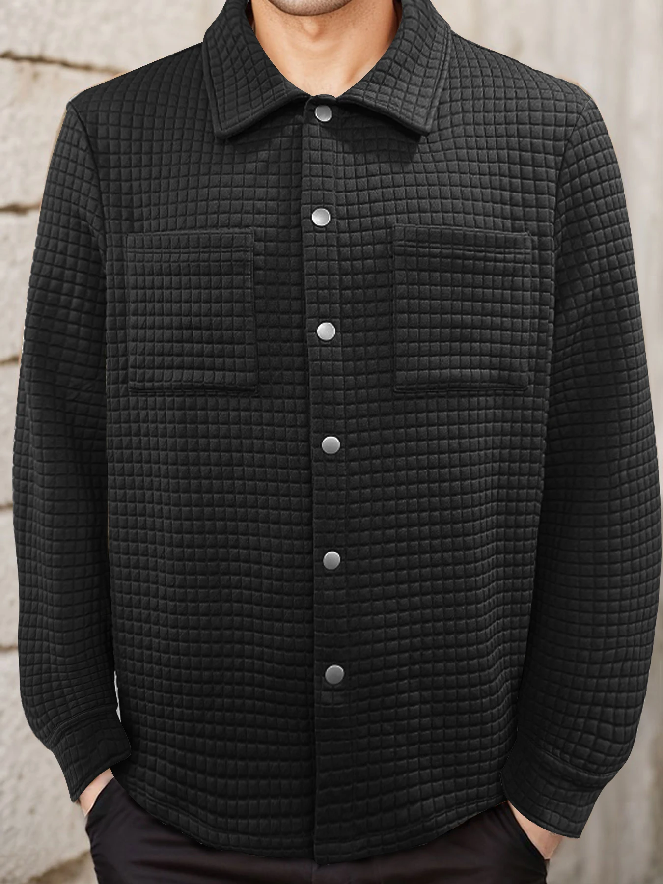 

Men's casual waffle pocket warm button jacket