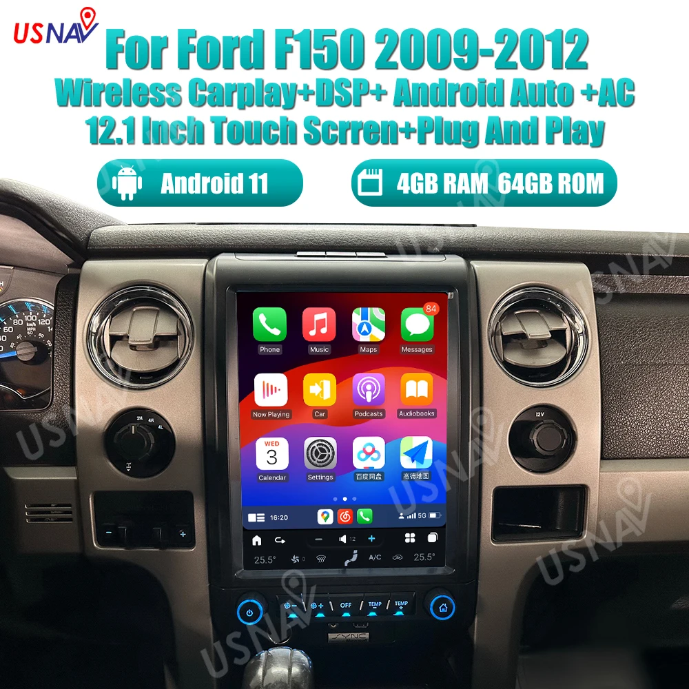 USNAV Latest Tesla Android 13 Head Unit 12.1 Inch Car Radio For Ford F150 2009-2012  GPS Navigation DVD Stereo Player