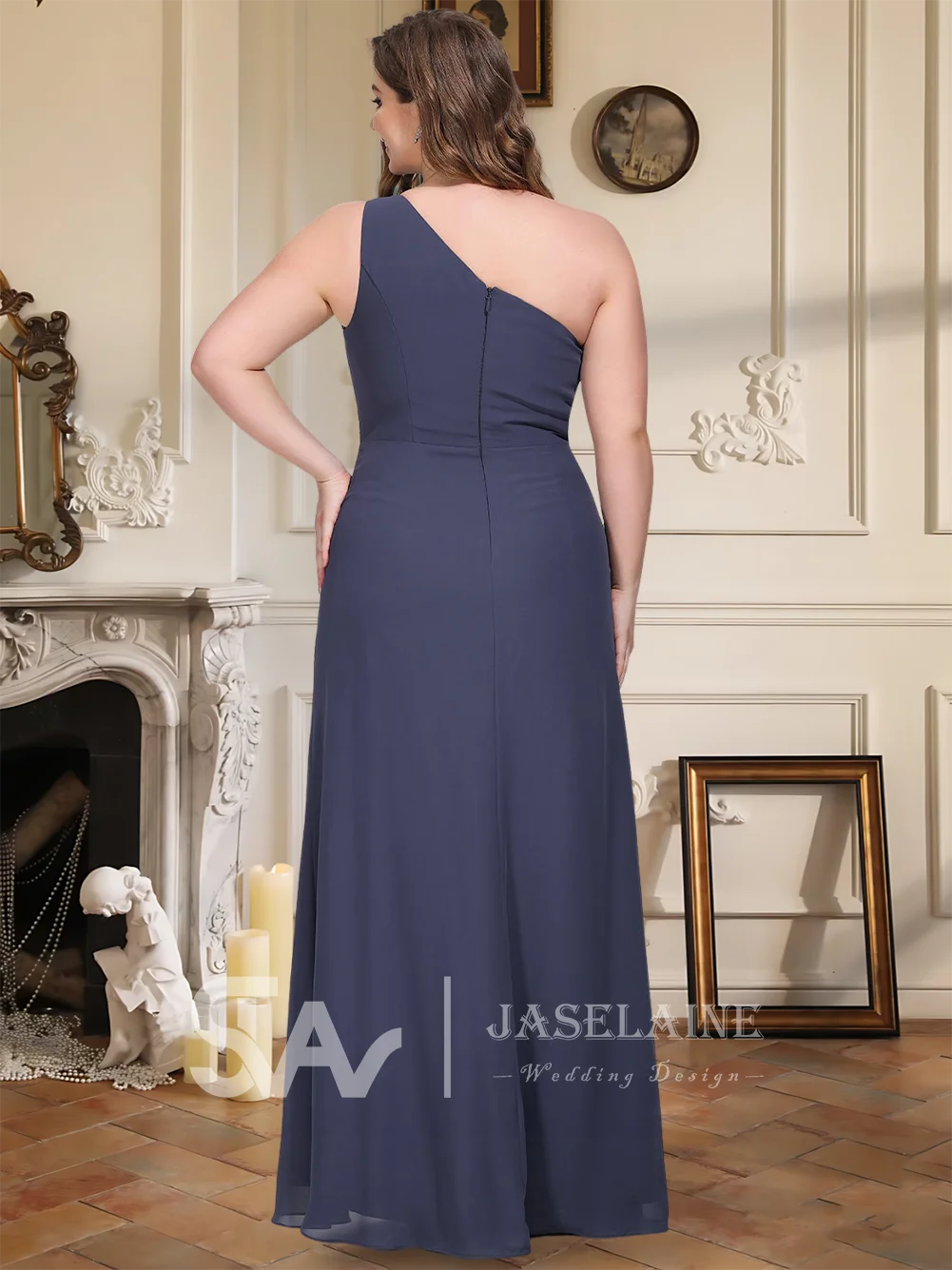 高級 A ライン シフォン ブライズメイド ドレス マキシレングス ワンショルダー ノースリーブ フリル ハイレグ スリット 結婚式 ゲスト イブニング パーティー