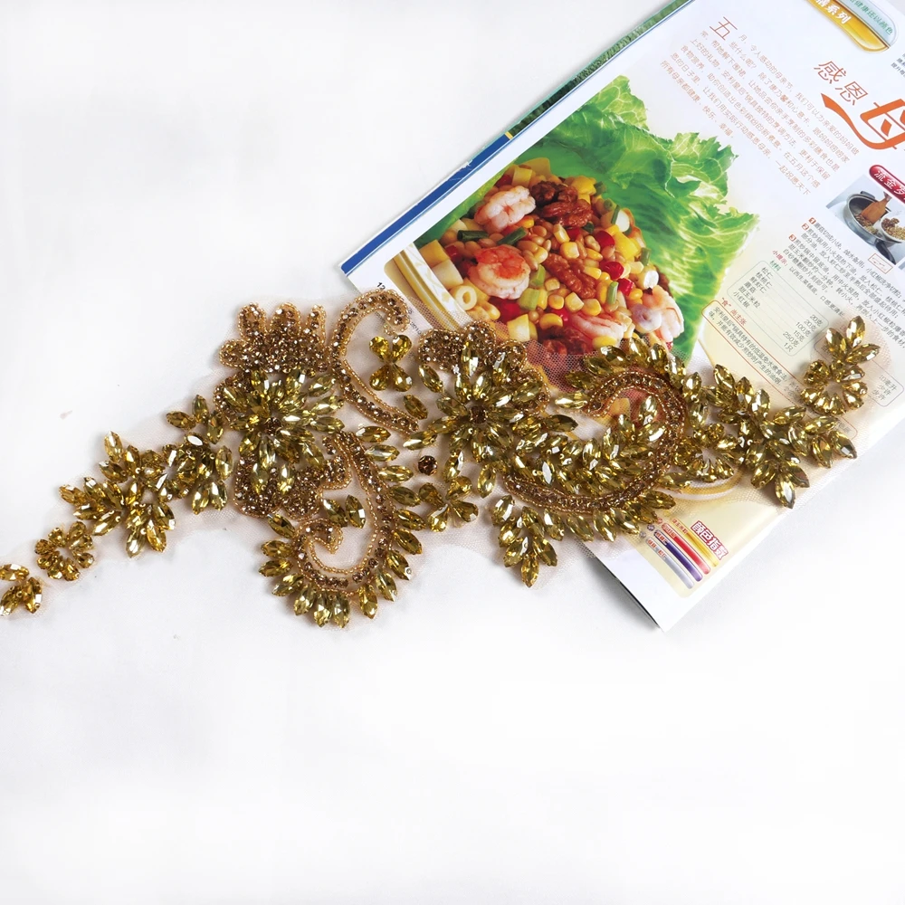HelluyerDc Gold-Strass-Perlenapplikation, 14 cm x 39 cm große Applikation für Kleidungsdekoration, Stickerei auf Tüll zum Aufnähen