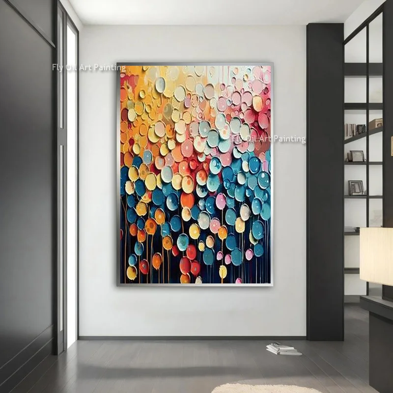 Original Colorful Floral Oil Painting On Canvas Handmade Abstract Wall Decor Colorful Dots Knife Textured Art For Wall Decor