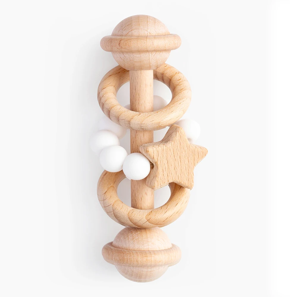 erduo Baby Wooden Rattle Natural Beech Ring Silicone Beads Montessori Grasping Teething Toy for Babies