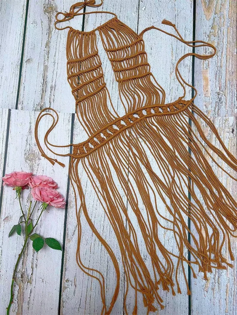 Women's Tassel Crochet Bikini Cover Up, Sexy Halter Lace Up fishnet  Fringe Bohemian Beach Dress, Knit Swimsuit Sarong Outfits view 5