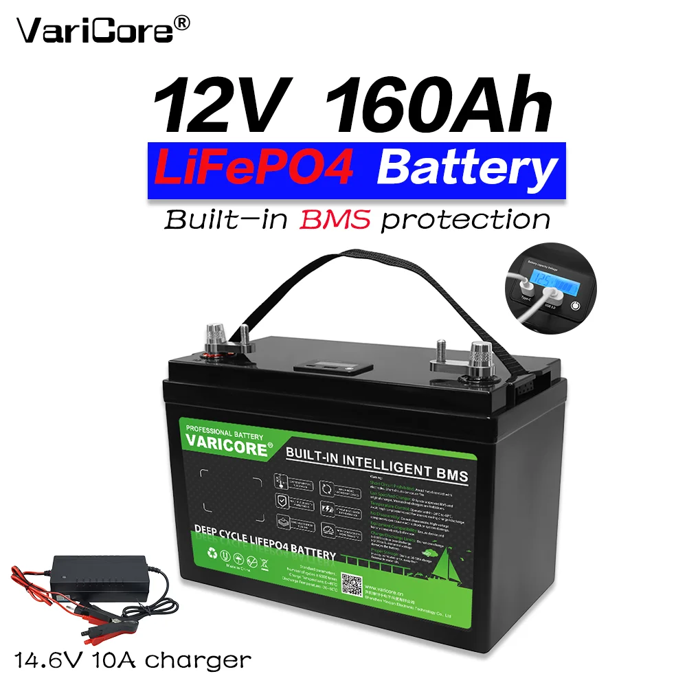12V 160Ah LiFePO4 Batterij Oplaadbare Lithiumbatterij BMS Bescherming voor RV Boot Zonnestelsel Camping Thuis Backup Power