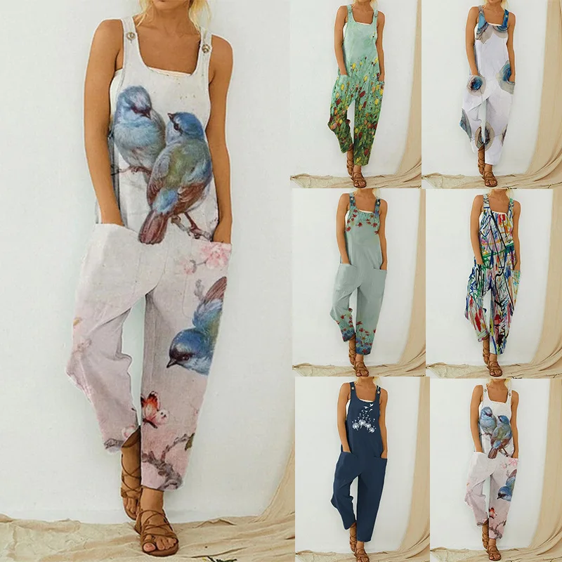 Printed Ladies Bib Pant Suspender Trouser Loose Casual Female Women One-Piece Wide-Leg Romper Overalls Strap Jumpsuit Streetwear