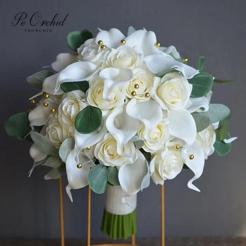 

PEORCHID Ivory Greenery Roses Bride Hand Flower For Wedding Bouquet Calla Lilies Artificial Gold Pearls White Bridesmaid Bouquet