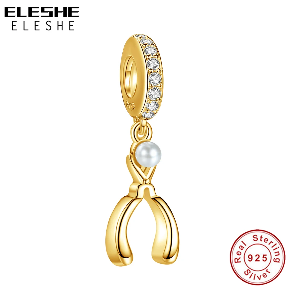 ELESHE 100% Real 925 Sterling Silver Gold Color Scissor Pendant Charm fit Original Bracelets DIY Beads for Women Jewely Making