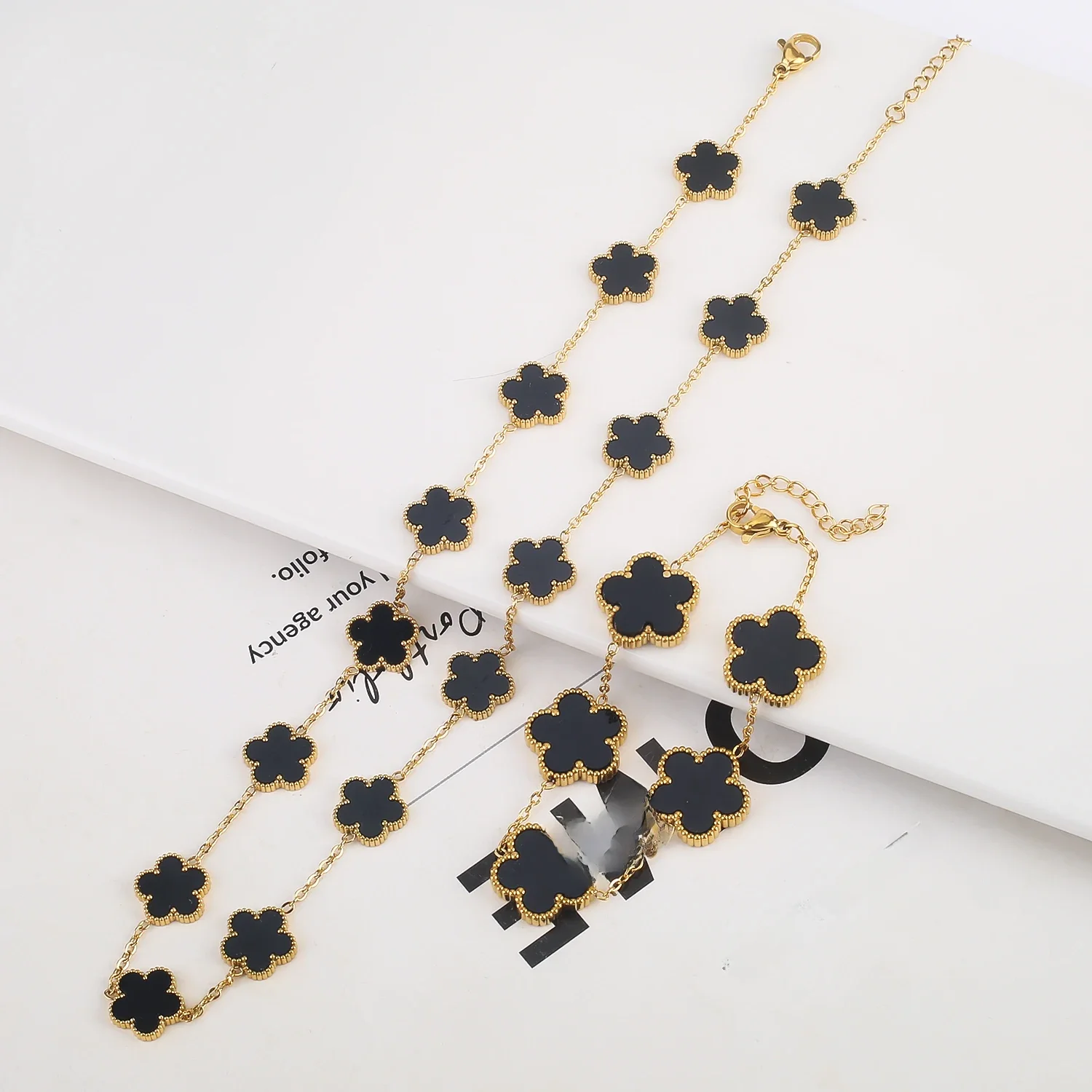 2pc neue Pullover Kette lange Pflanze fünf Blatt Blume Armband Halskette Schmuck Set Damen Muschel