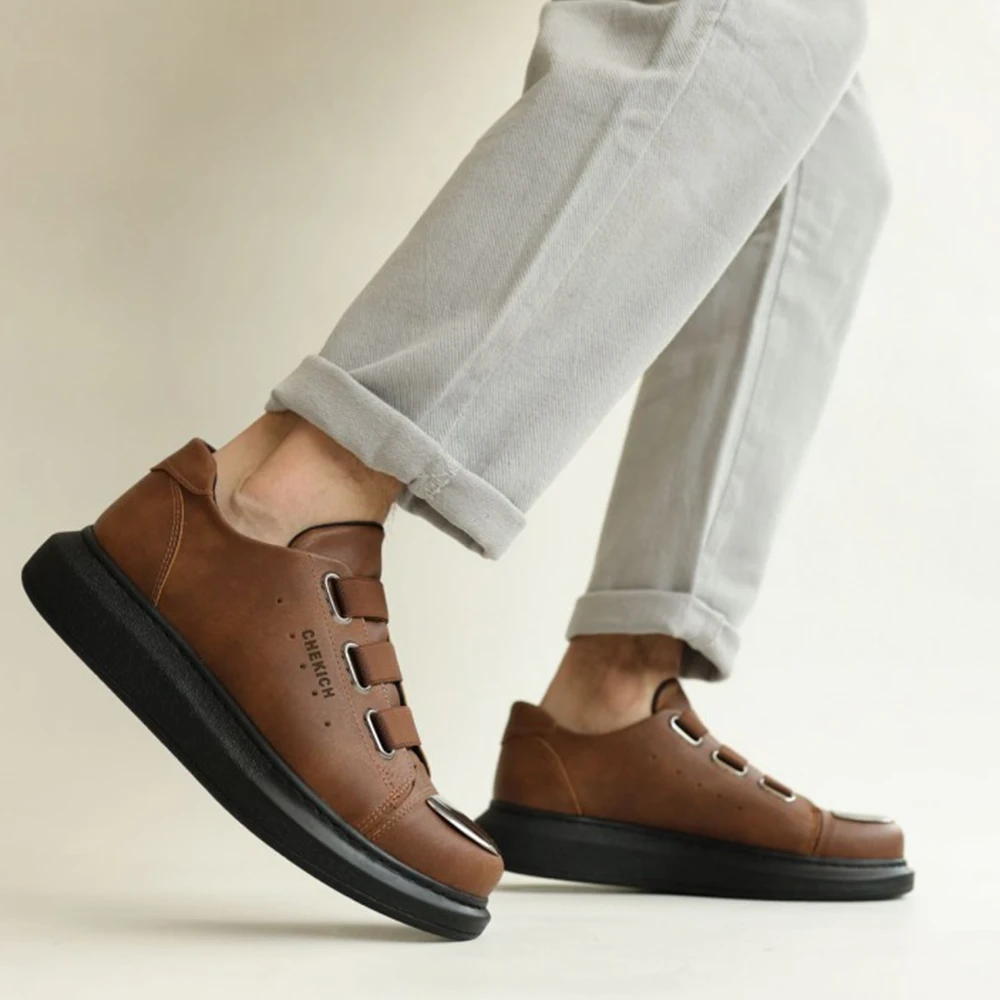 FOH Store Men's Shoes ST TAN Color Elastic Band Closure Artificial Leather Spring and Autumn Seasons Slip On Comfortable 2023 Fashion Wedding Orthopedic Suits Comfort Unisex Lightweight Casual Odorless Breathable 251