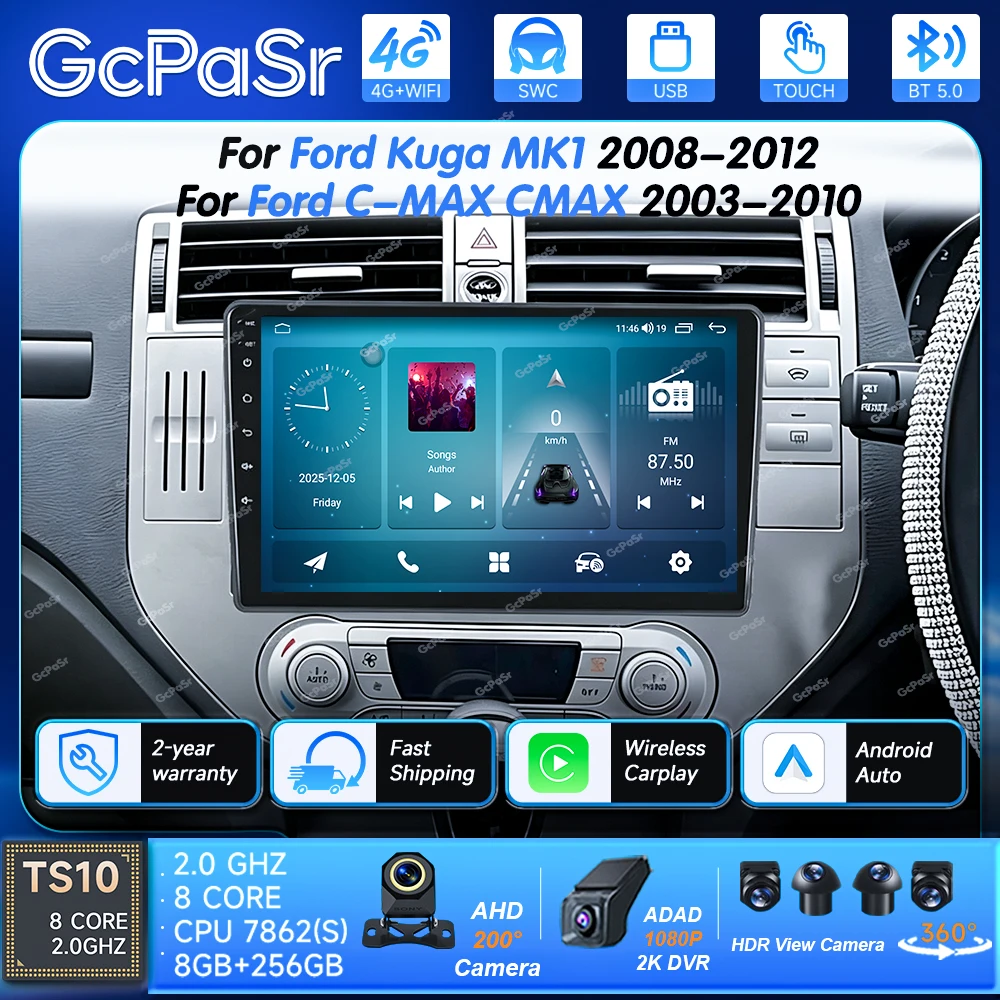 Android 16 dla Forda Kuga MK1 2008-2012 oraz Forda C-MAX CMAX 2003-2010 Radio samochodowe GPS Ekran 2k Carplay 4G Wifi Stereo Video DSP BT