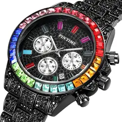 PINTIME Watches for Men Colour Diamond Ice Out Chronograph Bling Hip Hop Quartz Wristwatch Stainless Steel Buckle Waterproof 30M