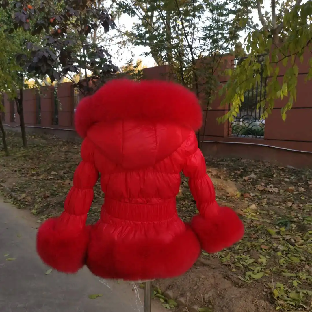 D18 Custom Free Shipping Woman And Children Size Puffer Jacket  Down Coat With Fox Fur Trim With Fur Pompoms