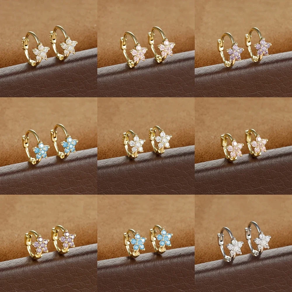 2 szt. Stal nierdzewna 6MM 8MM kolorowa cyrkonia mały kolczyk w kształcie koła mały kwiatek 18K pozłacany kolczyk Huggie Piercing biżuteria — zdjęcie 2