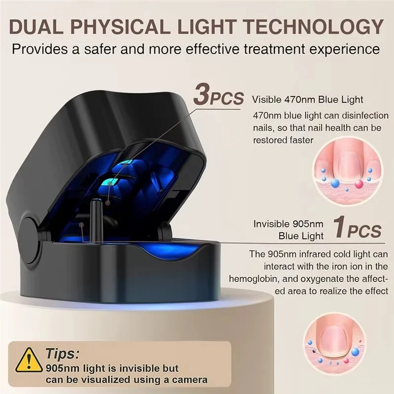 Portable Nail Fungus Device Dual Wavelength 470nm Blue Light + 905nm Infrared Nail Care Lamp USB Rechargeable 7-Min Auto Timer Compact Toenail Fingernail Care for Discolored Thick Damaged Nails Home Travel Use Men Women