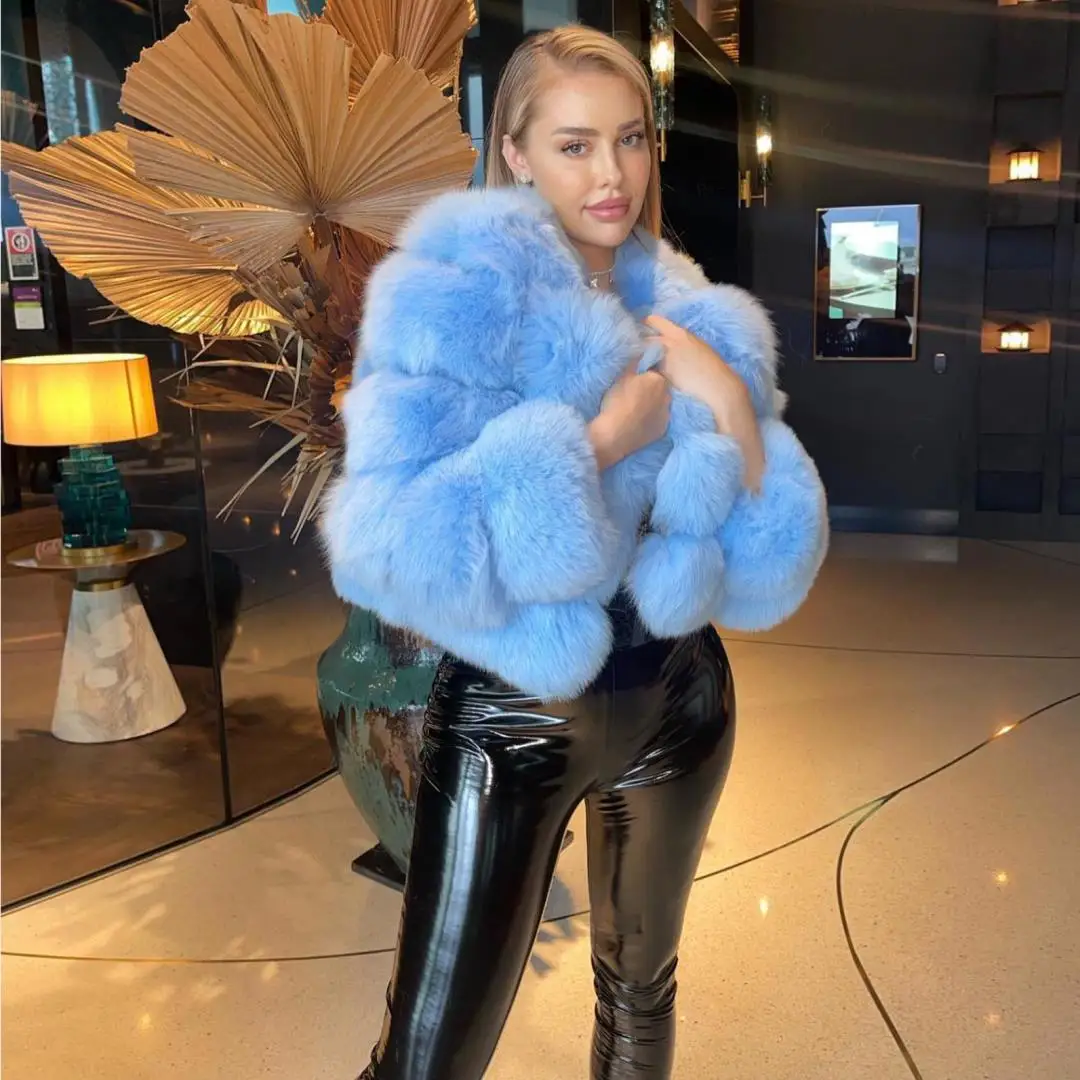 

Winter Trendy Real Fox Fur Jacket for Women Short Sky Blue Genuine Leather Fox Fur Coat Thick Warm High Quality Fur Overcoats