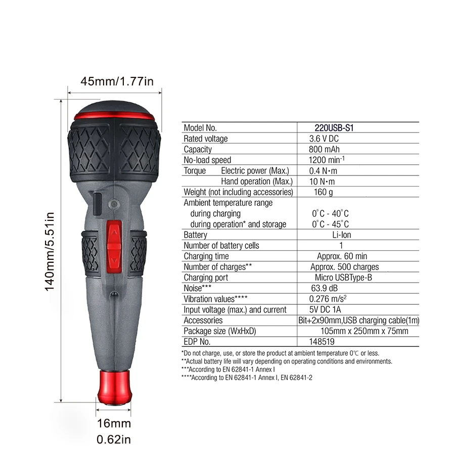 VESSEL 220USB-S1 High Speed Ball Grip Electric Screwdriver with PH2 Driver Bit Cordless USB Charge 3.6V Li-ion Battery PowerTool