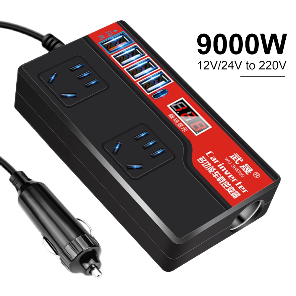 Car Power Inverter DC 12V/24V to AC 220V Auto Power Converter 2000W with 4 USB Ports Socket Digital Display Car Power Adapters