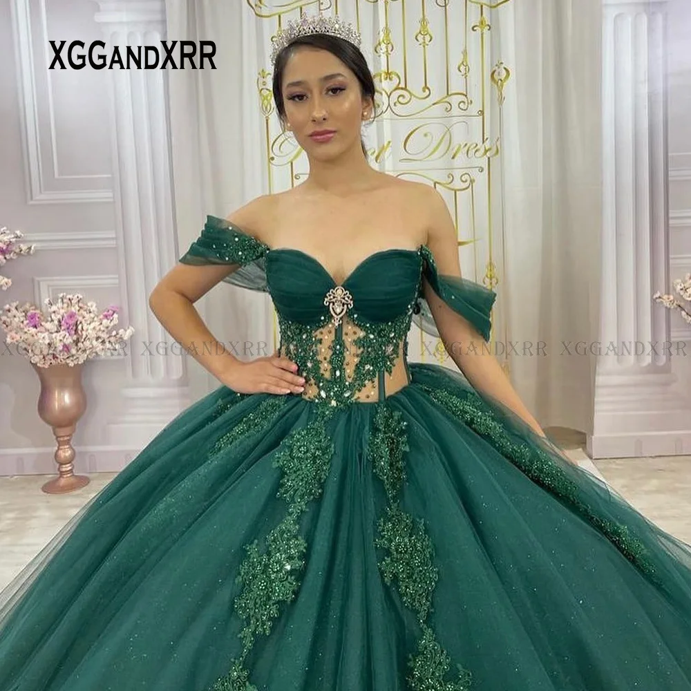 Personalizado verde escuro quinceanera vestidos 2025 fora do ombro vestido de baile princesa doce 16 vestido vestidos de 15 anos aniversário gala