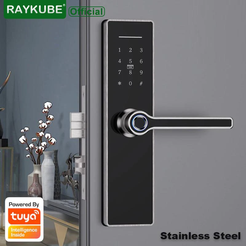 RAYKUBE Tuya Wifi Smart Door Lock Fingerprint Password 13.56mhz Card Keyless Unlock Front Handle 304 Stainless Steel X6