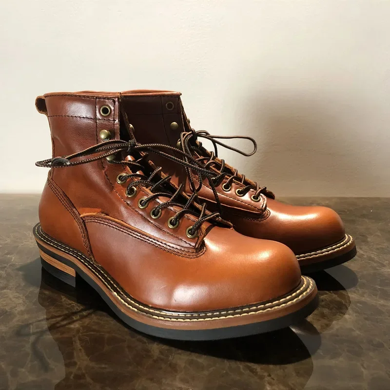 Handmade Vintage brytyjska koronka-Up nowa skórzana platforma mężczyźni skrzydła botki sukienka praca Casual wino czerwone buty motocyklowe — zdjęcie 2