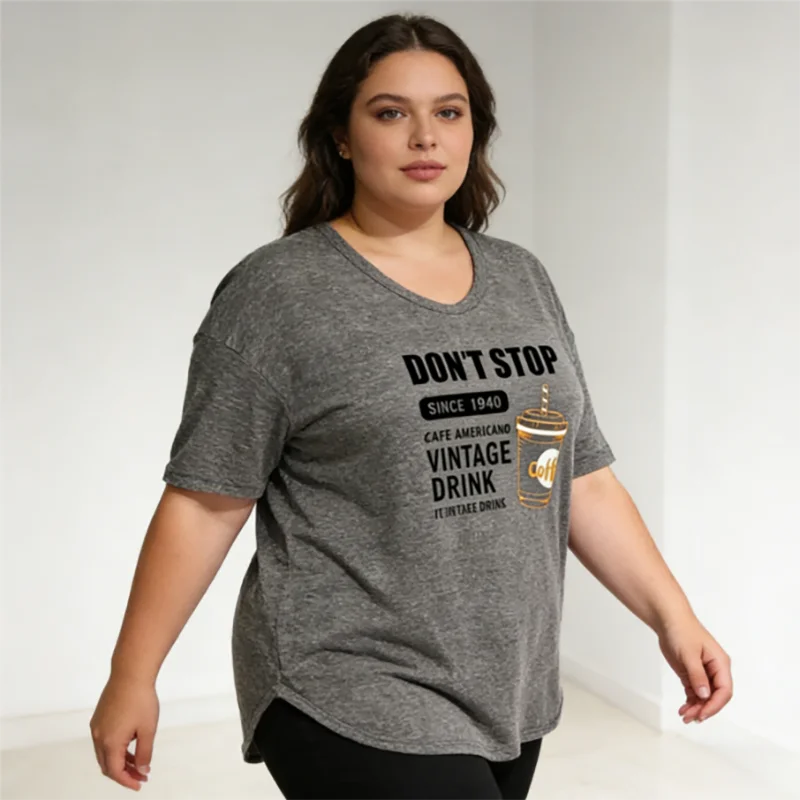 Plus size 40-150kg coffee print oversized t shirt women casual loose u neck short sleeve graphic tee soft summer tops