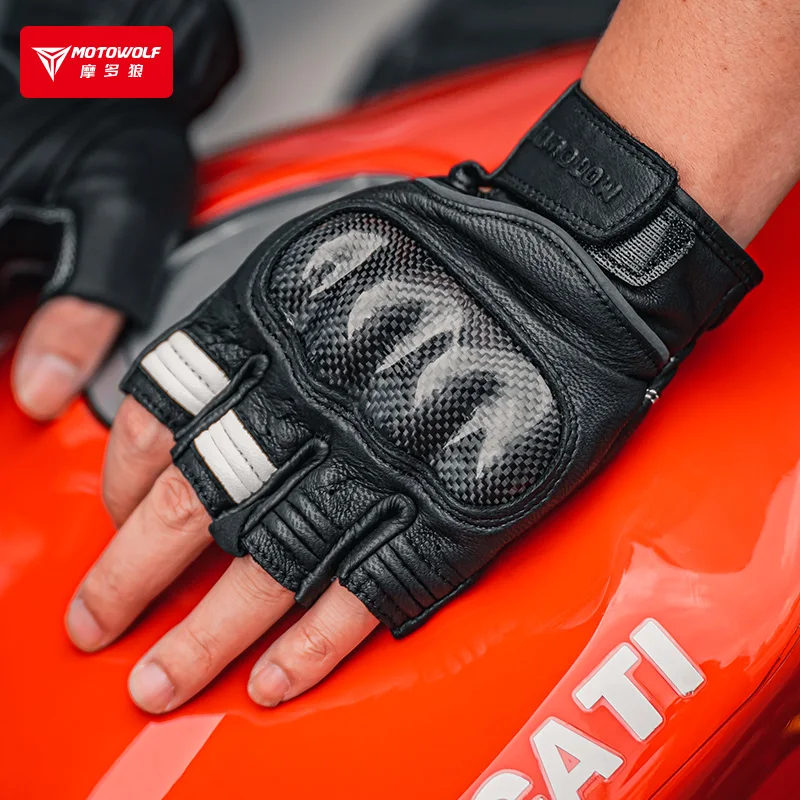 Leather Motorcycle Gloves for Summer Men Gloves Motocross Half Finger Fingerless Carbon Fiber Guantes Moto Luva Guanti Enduro