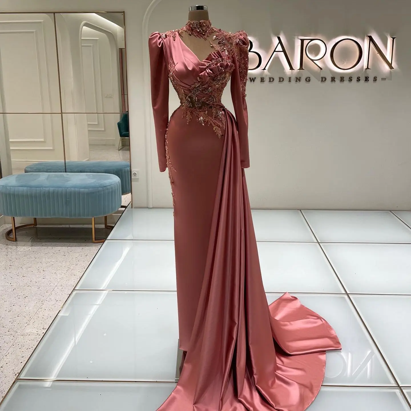 High Neck Mermaid Satin Prom Dresses Long Sleeve Beaded Crystal Evening Gowns With Train For Arabic Women Vestidos Party Dress