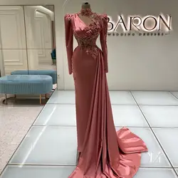 High Neck Mermaid Satin Prom Dresses Long Sleeve Beaded Crystal Evening Gowns With Train For Arabic Women Vestidos Party Dress